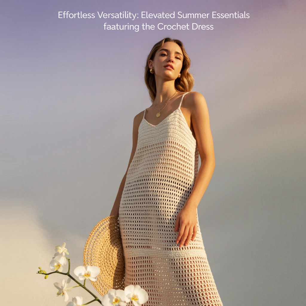 Model wearing a crochet white dress coverup with orchids