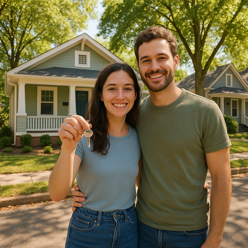 moving to Triangle NC - young couple with keys in front of their new Durham home