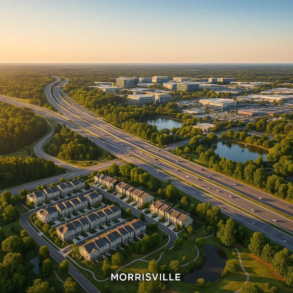 Aerial view of luxury townhomes in Morrisville, NC, located near major highways and surrounded by trees, ponds, and business centers in the Triangle region.