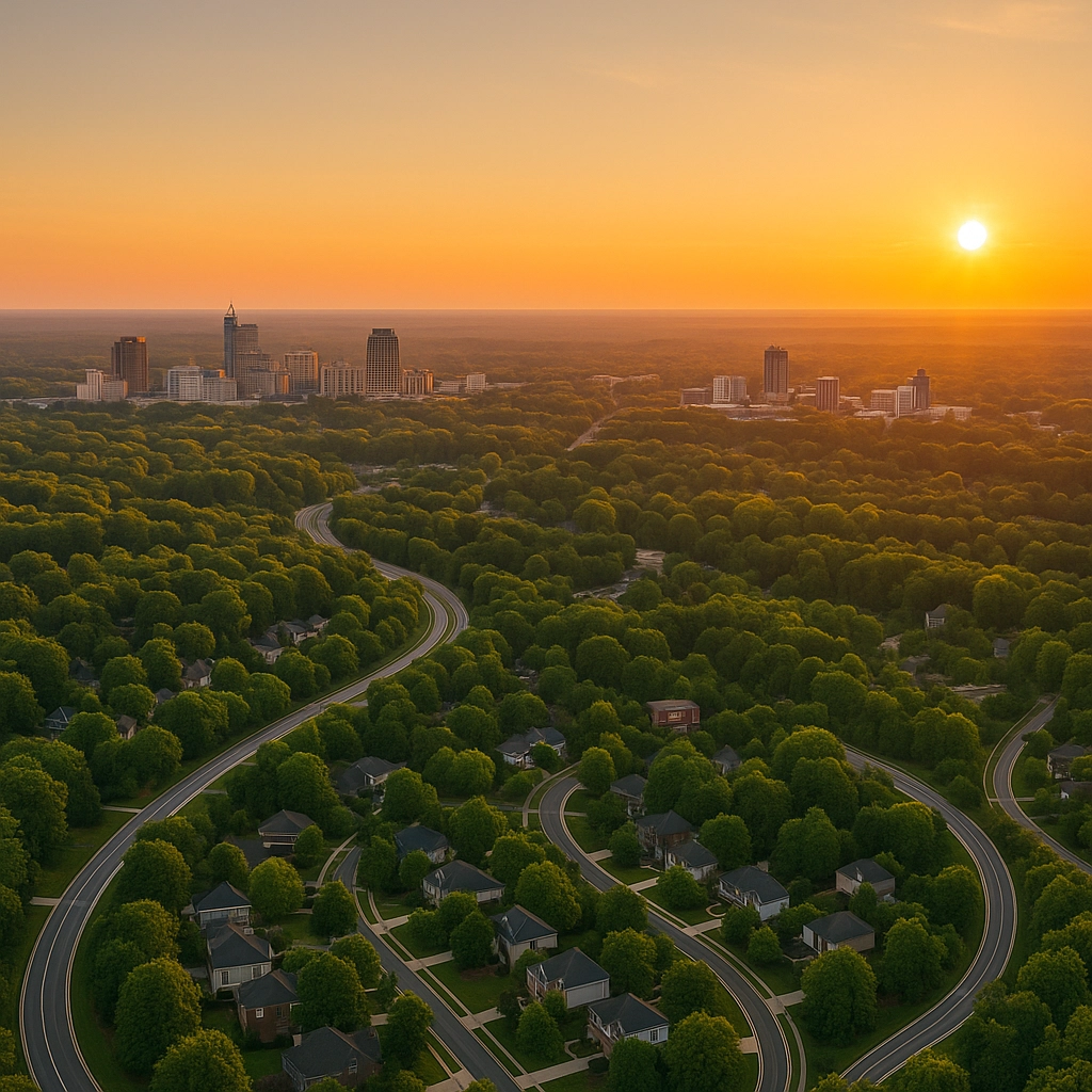 moving to Triangle NC - aerial view of the Triangle area with city skylines and green neighborhoods