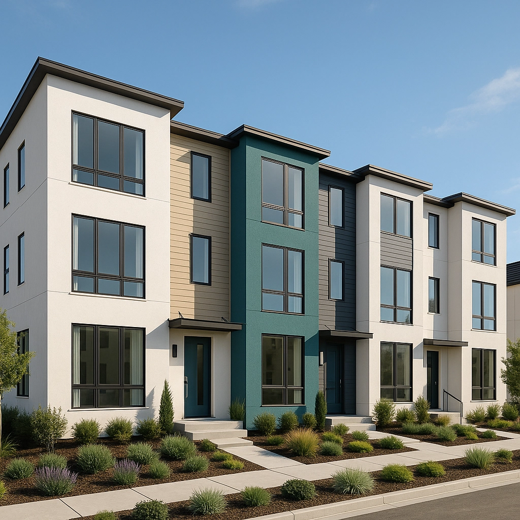 Modern three-story luxury townhomes in Morrisville featuring sleek architecture, large windows, and low-maintenance landscaping in a planned community.