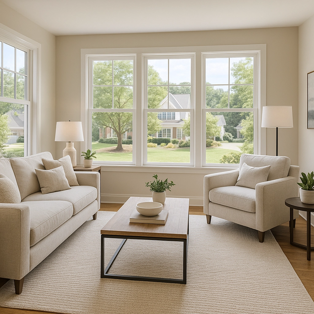 Brightly staged living room showcasing a home marketed using AI in Triangle real estate strategies