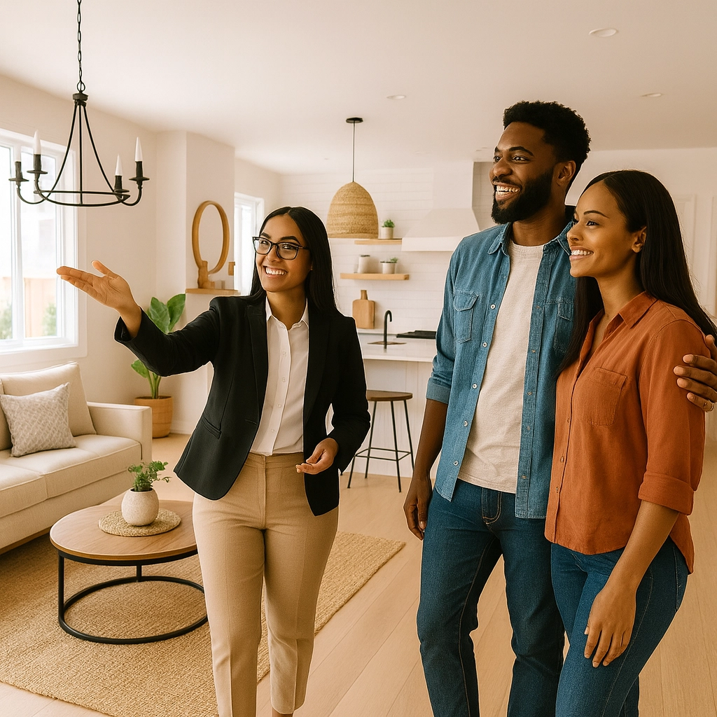 Real estate agent using AI in Triangle real estate to guide homebuyers through a modern property tour