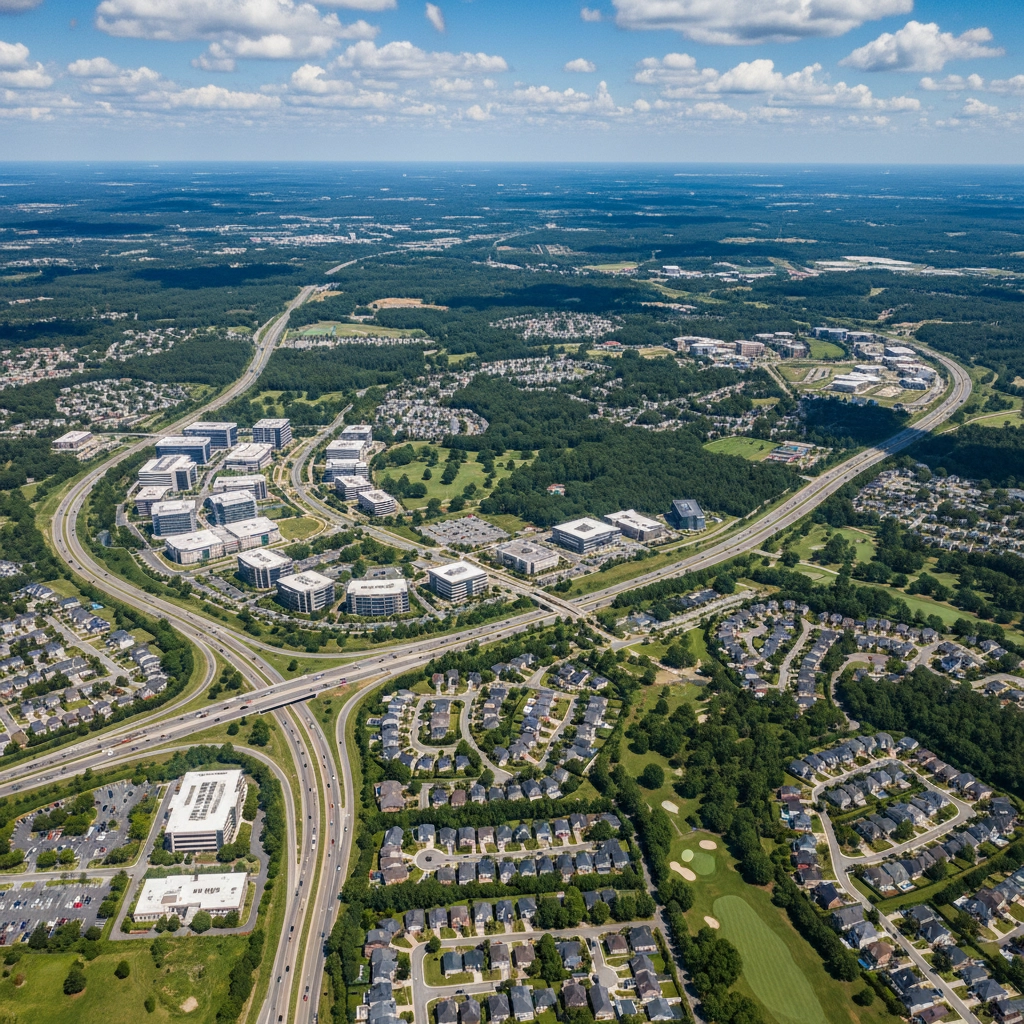 Aerial view of suburban neighborhoods and office complexes near major highways, highlighting how AI can analyze housing markets and location trends.