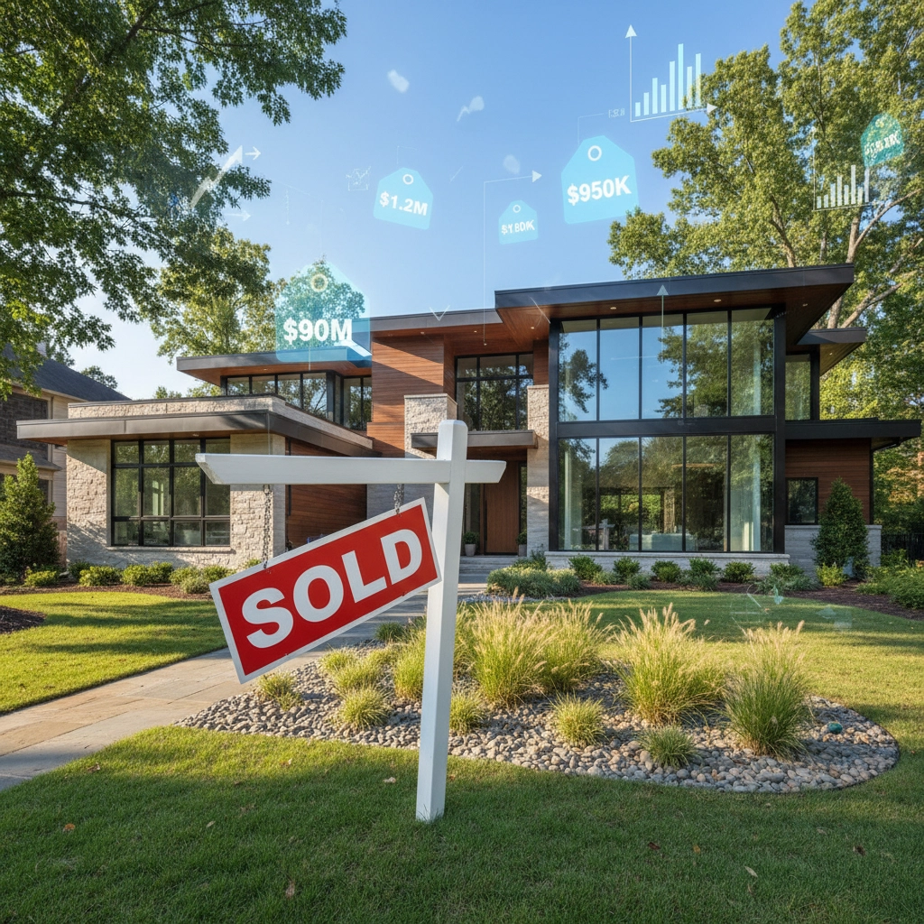 Modern luxury home with a SOLD sign in front yard, showcasing AI for real estate agents with digital price tags and market analytics overlay.