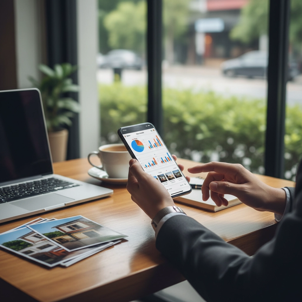 Real estate agent reviewing property analytics and housing market charts on a smartphone, demonstrating how AI supports data-driven decisions.