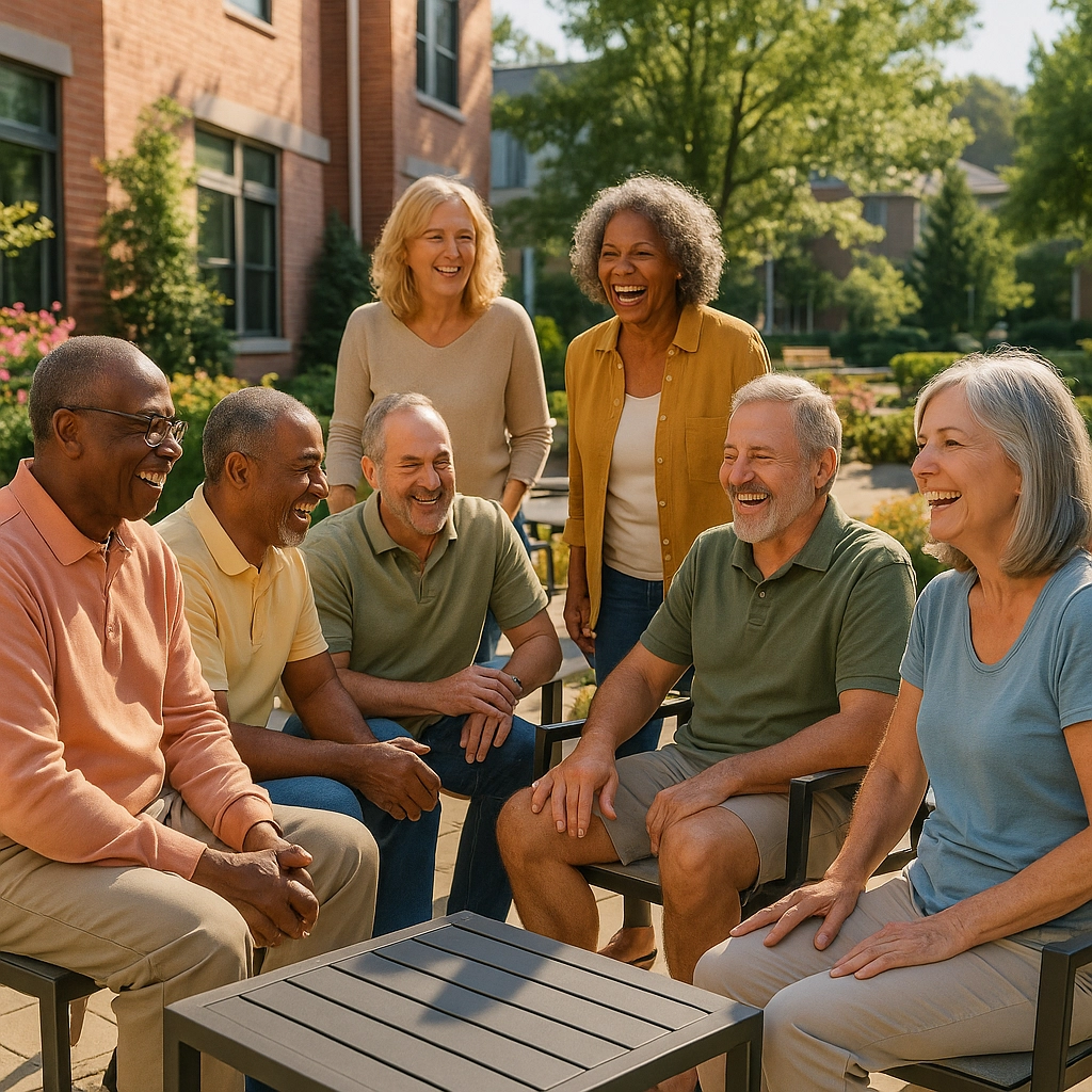 Group of active older adults laughing together outdoors in a Triangle 55+ community, highlighting the social benefits of downsizing.