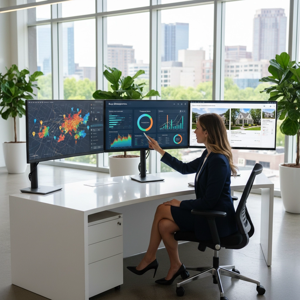 A real estate agent uses AI for real estate agents, analyzing market trends and neighborhood data on multiple monitors in a modern office with city views.