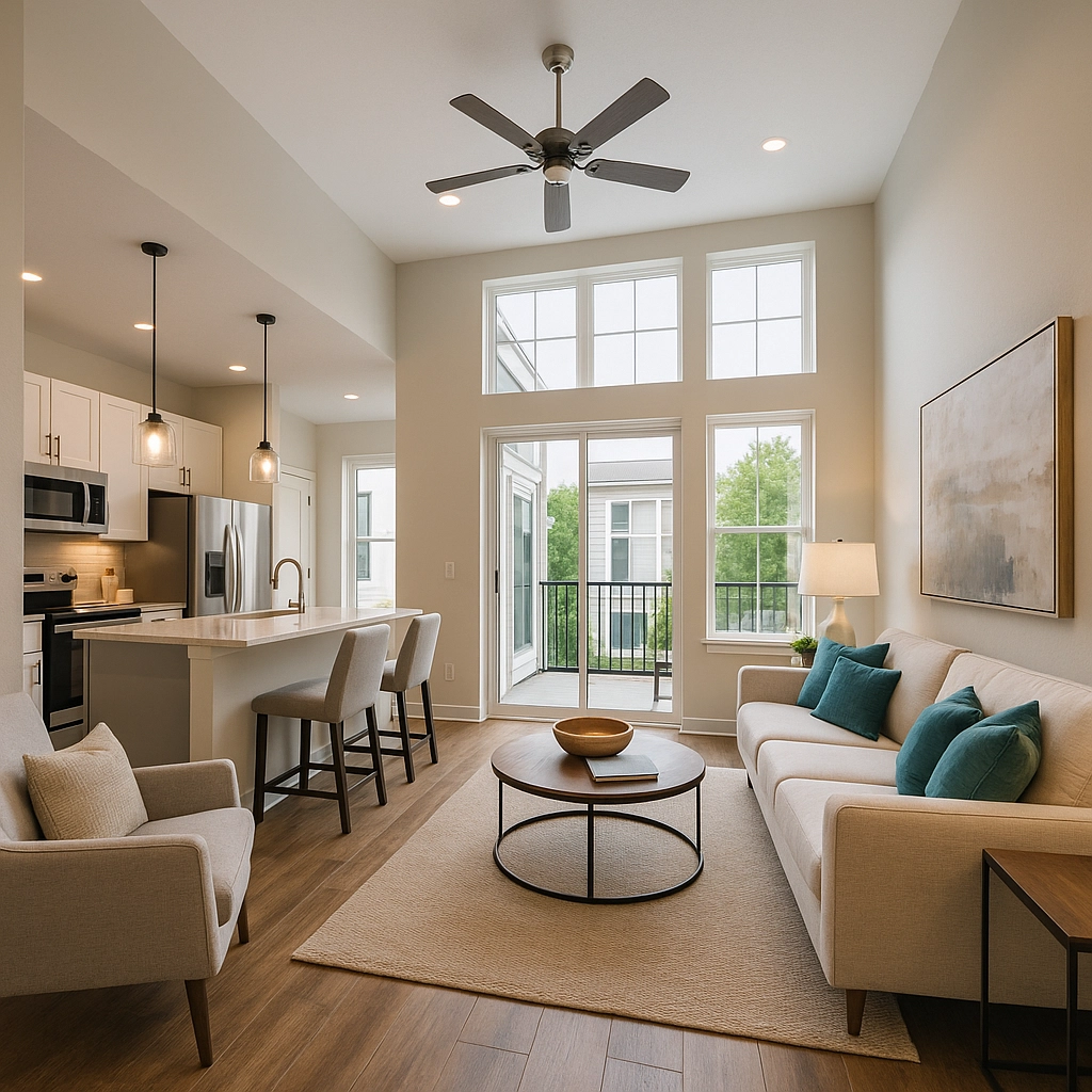 Bright and modern interior of a luxury townhome in Morrisville featuring an open-concept kitchen and living area with high ceilings and natural light.
