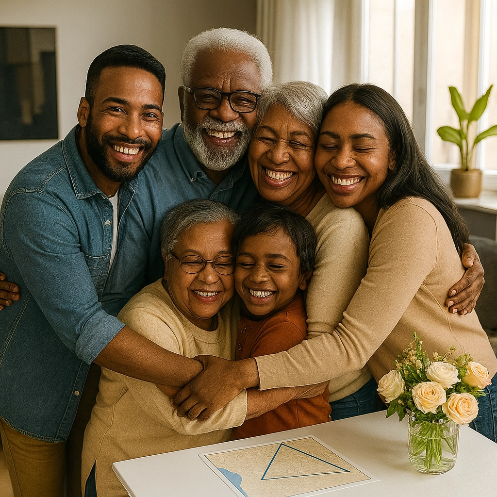 Happy multi-generational family embracing in a bright living room, symbolizing the joy and connection of downsizing in Triangle 55+ communities