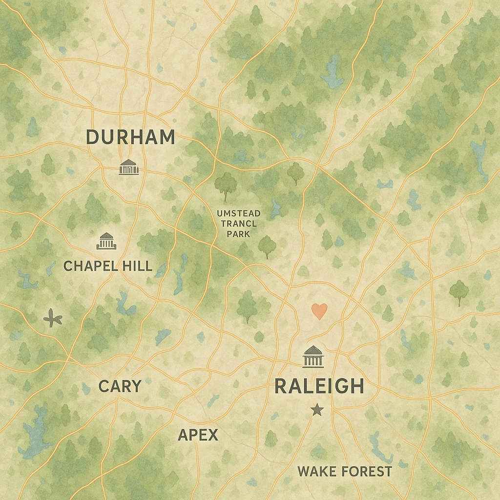 moving to Triangle NC - map showing Raleigh, Durham, Chapel Hill, and suburban communities