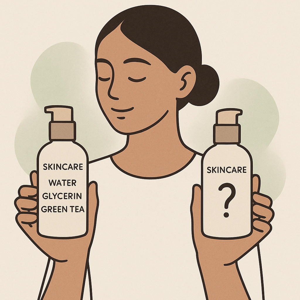 A woman holding up two products, one with clear ingredients and the other with a question mark.