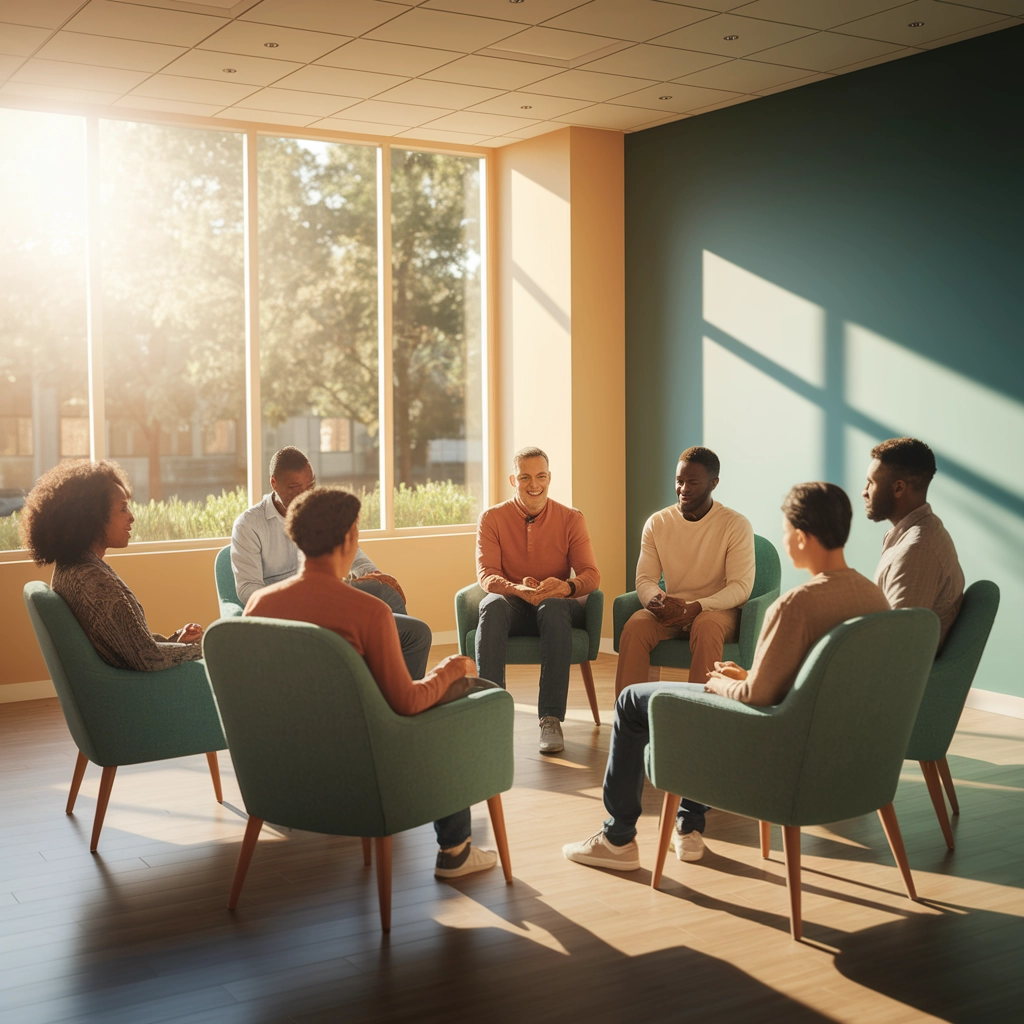 Group therapy session in a bright, welcoming room, featuring diverse participants seated in a circle, engaging in discussion to combat isolation and support mental health recovery at Altura Recovery's Intensive Outpatient Program for depression.