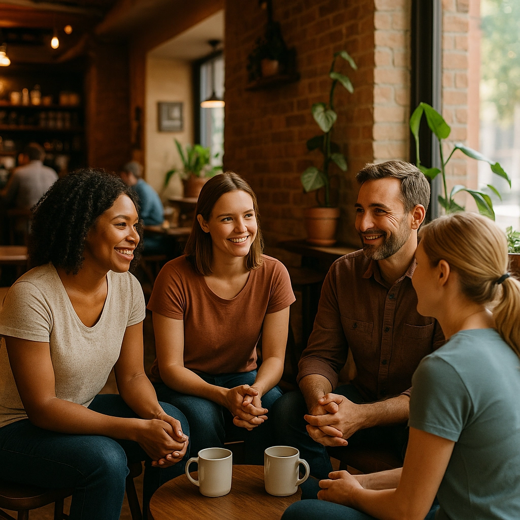 Group of four diverse individuals engaging in conversation over coffee in a cozy café, symbolizing community support and connection in mental health recovery.