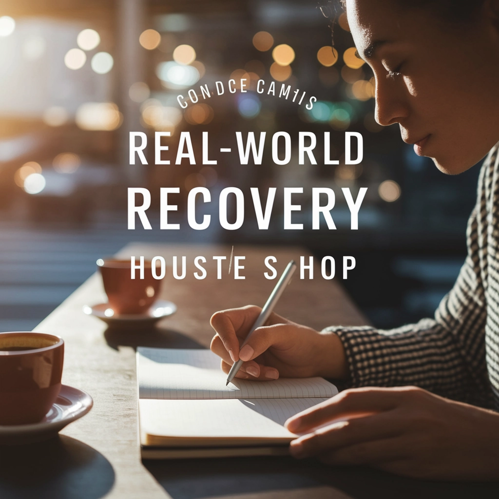 Woman writing in notebook at a coffee shop, emphasizing real-world recovery in Houston, with coffee cups on the table.