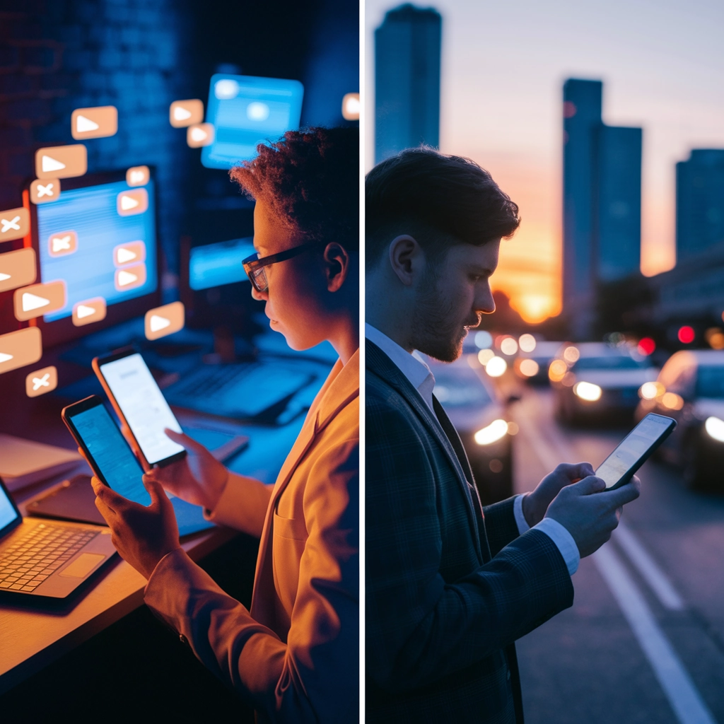 Young adult using smartphone in a digital environment with multiple screens and notifications, juxtaposed with a man checking his phone in an urban setting at sunset, highlighting modern stressors of digital connectivity and constant information flow.