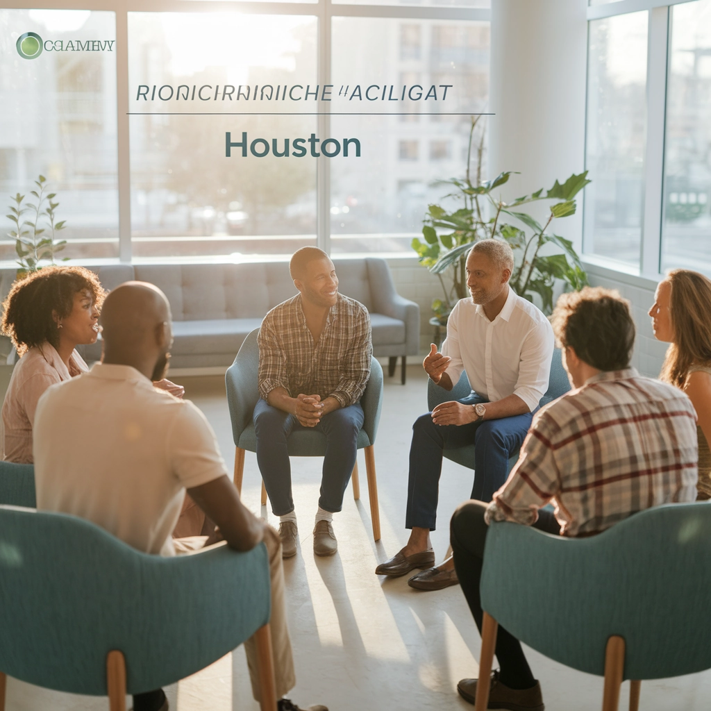 Supportive group therapy session in Houston, diverse individuals engaged in discussion, emphasizing community support in recovery.