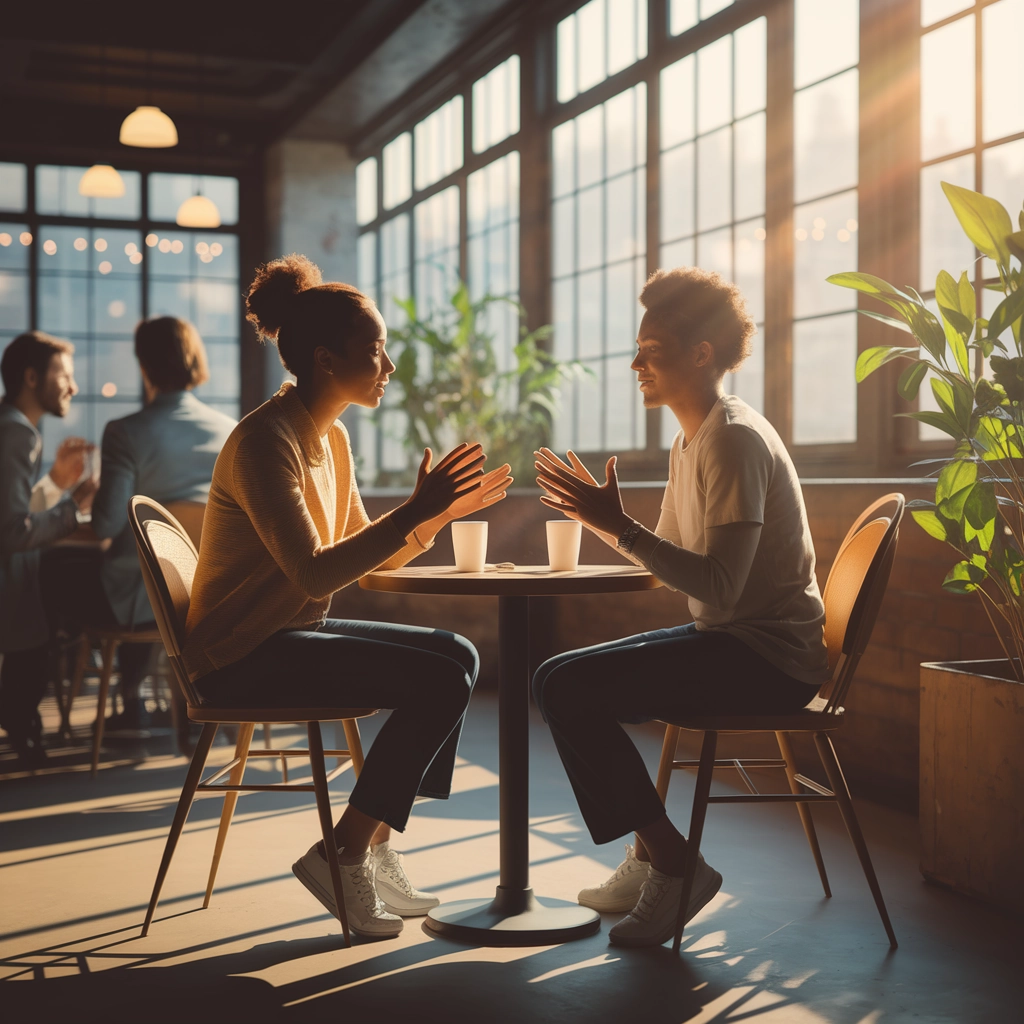 Two individuals engaged in a heartfelt conversation at a coffee shop, emphasizing the importance of sharing mental health experiences, with warm lighting and a supportive atmosphere.