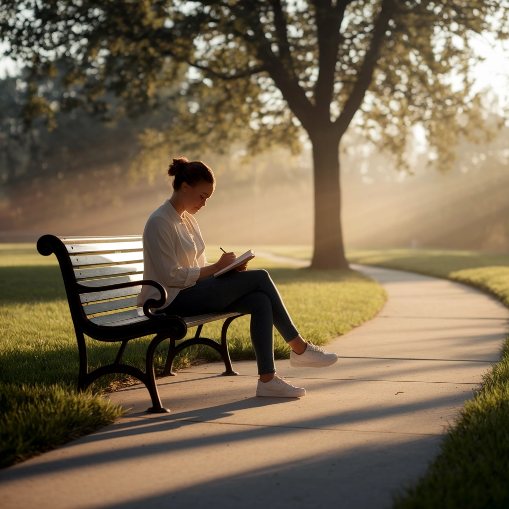 Woman journaling on a park bench in sunlight, surrounded by greenery, emphasizing wellness activities for mental health and recovery.