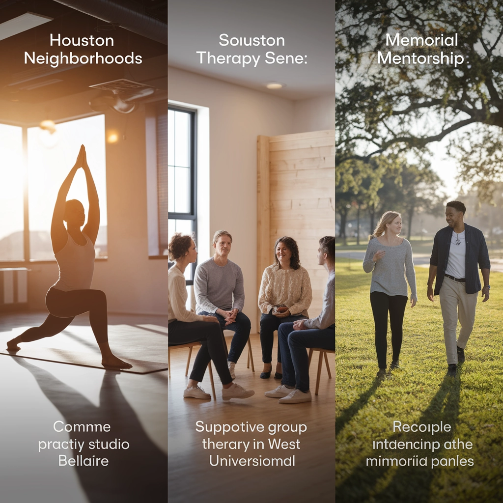 Houston recovery journey collage featuring yoga practice in Bellaire, supportive group therapy session in West University, and mentorship walk in Memorial Park, illustrating integrated recovery approaches.