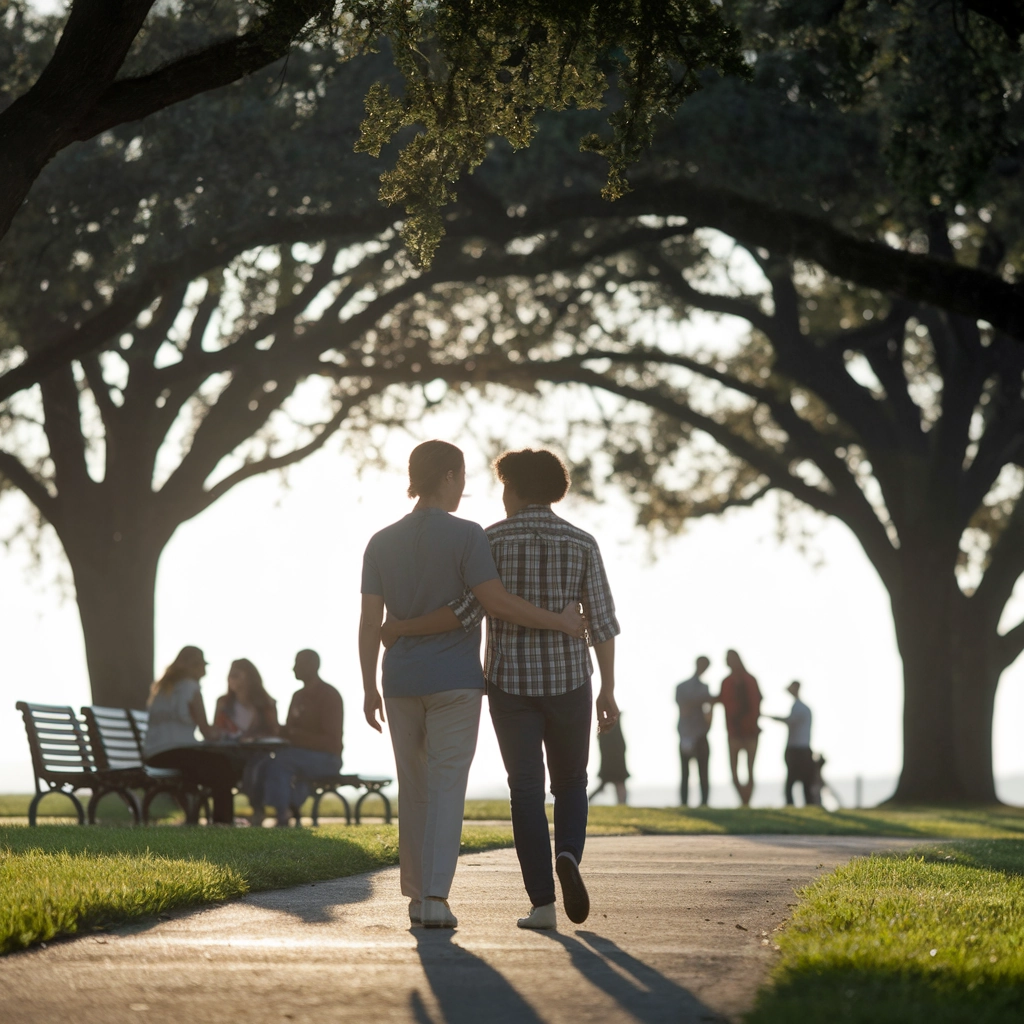 Couple walking together in a park, embracing emotional support, with people engaging in group activities in the background, symbolizing community connection and mental health recovery.