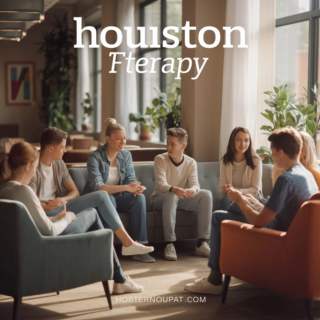 Group of teenagers engaged in a therapy session, discussing mental health in a comfortable setting with plants and natural light, emphasizing community support and connection.