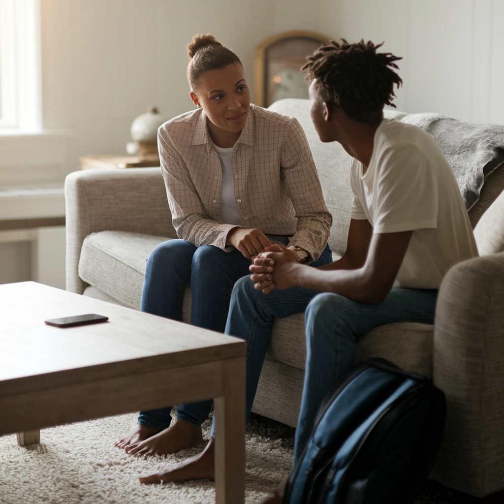 Mother and teenage son engaging in a heartfelt conversation on a couch, emphasizing open communication and family support in addressing teen substance use issues.