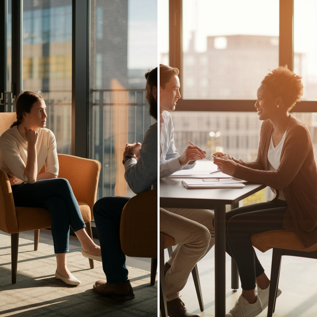 Woman in armchair engaged in therapy session and man in conversation with woman at table, illustrating integrated therapy and coaching approaches for recovery at Altura Recovery.