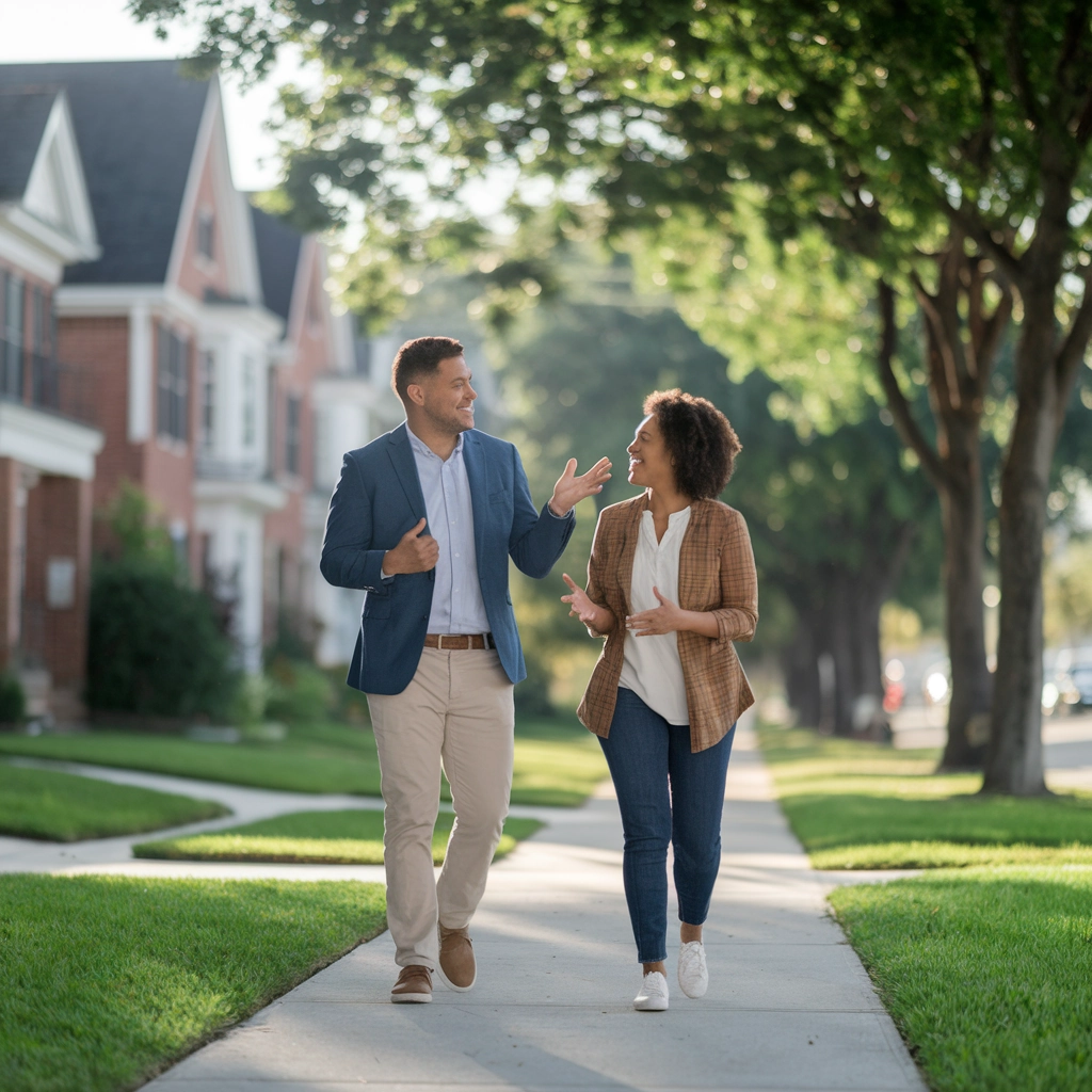Peer recovery coach discussing strategies with a client during a walk in a suburban neighborhood, emphasizing the supportive nature of the coaching relationship in outpatient addiction recovery.