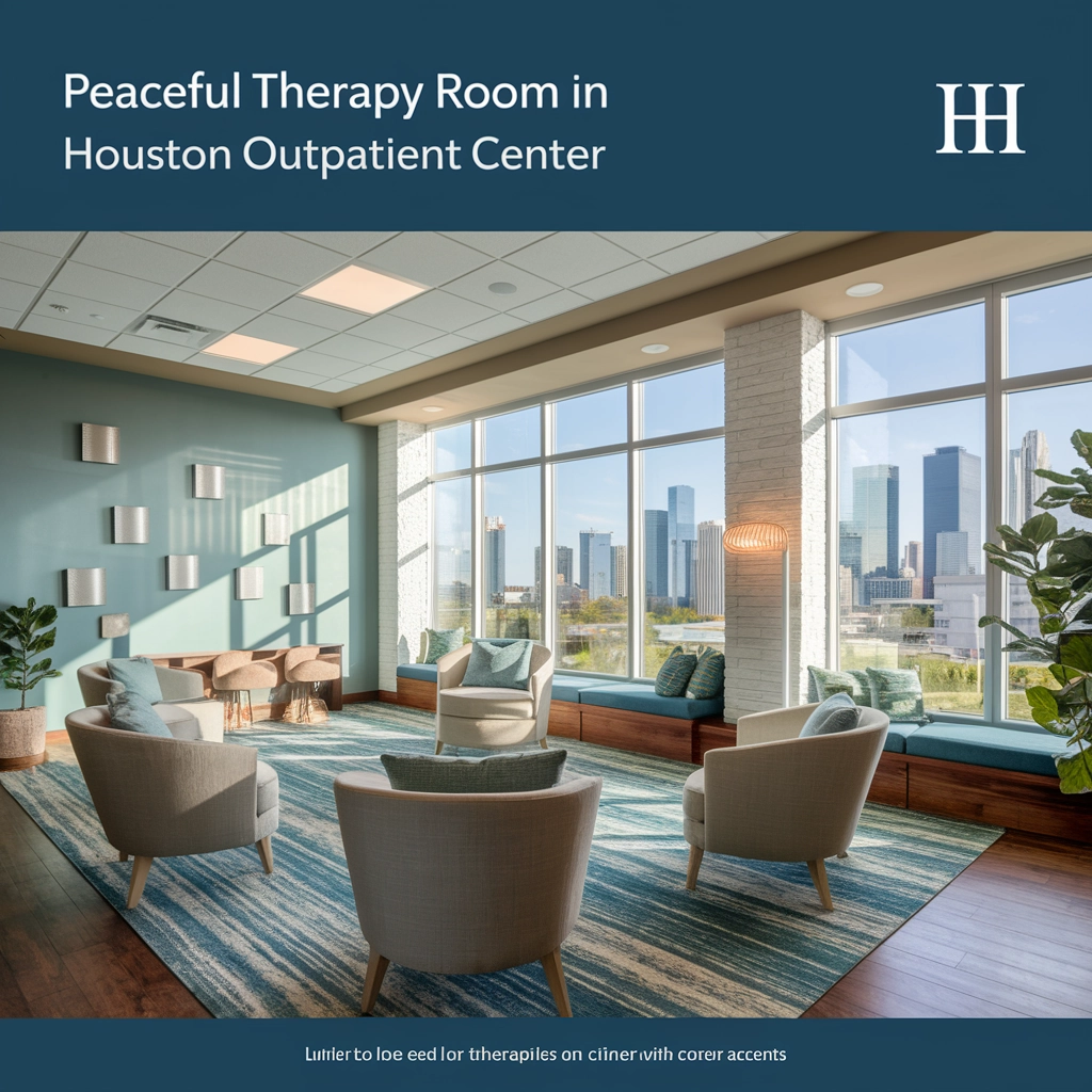 Peaceful therapy room in Houston outpatient center with modern furniture, large windows showcasing city skyline, designed for holistic and clinical addiction recovery therapies.