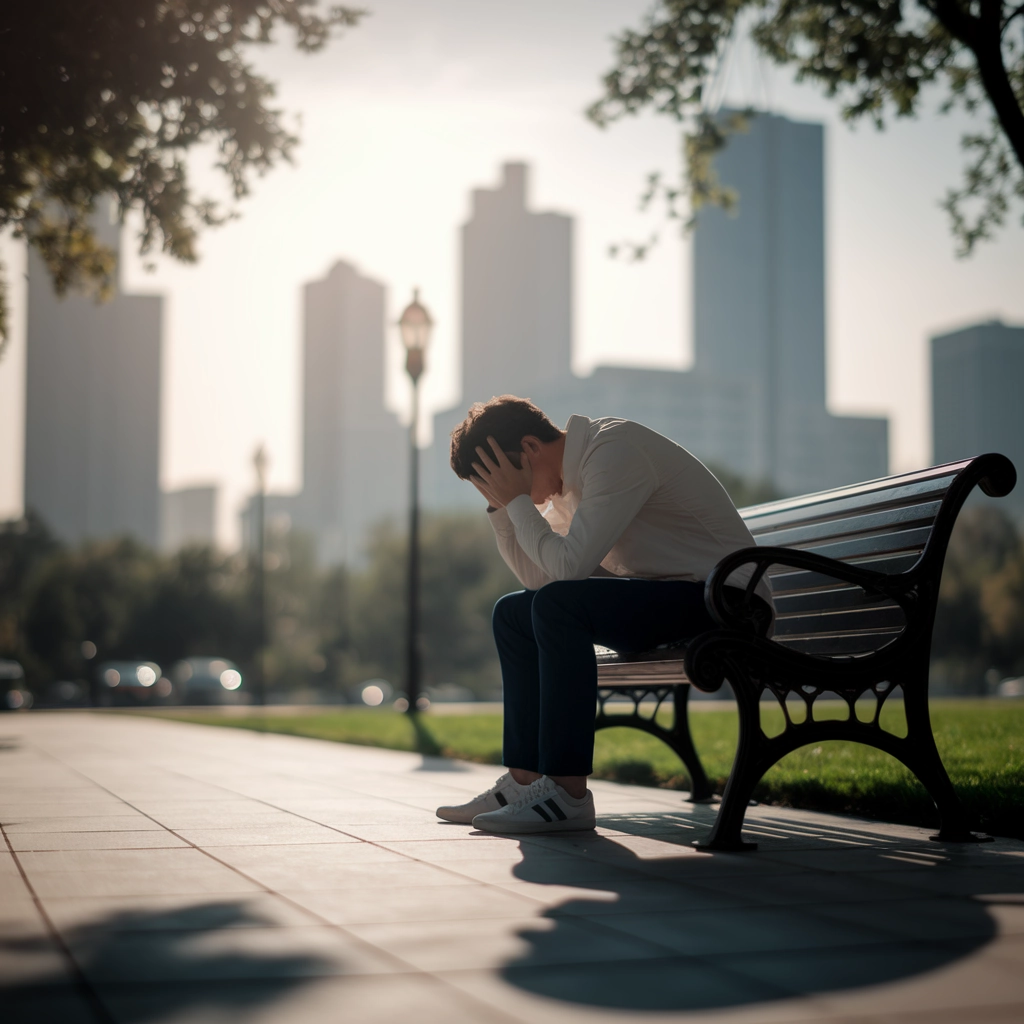 Man sitting on a park bench in Houston, holding his head in distress, symbolizing workplace stress and mental health challenges in urban environments.