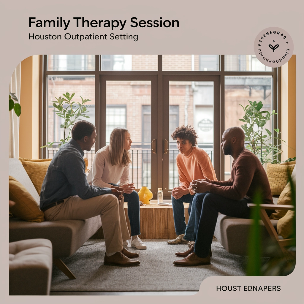 Family therapy session in a Houston outpatient setting, featuring four individuals engaged in conversation, emphasizing family involvement in mental health treatment.