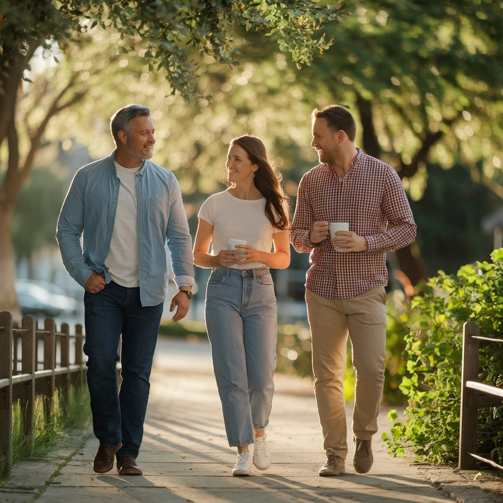 Group of three adults walking together outdoors in a sunny park, engaging in conversation and holding coffee cups, symbolizing community support and connection in mental health recovery.