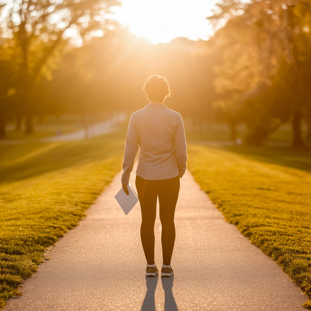Person walking on a path in a park at sunset, holding a paper, symbolizing the journey of personal growth and transformation in addiction recovery through therapy and coaching.