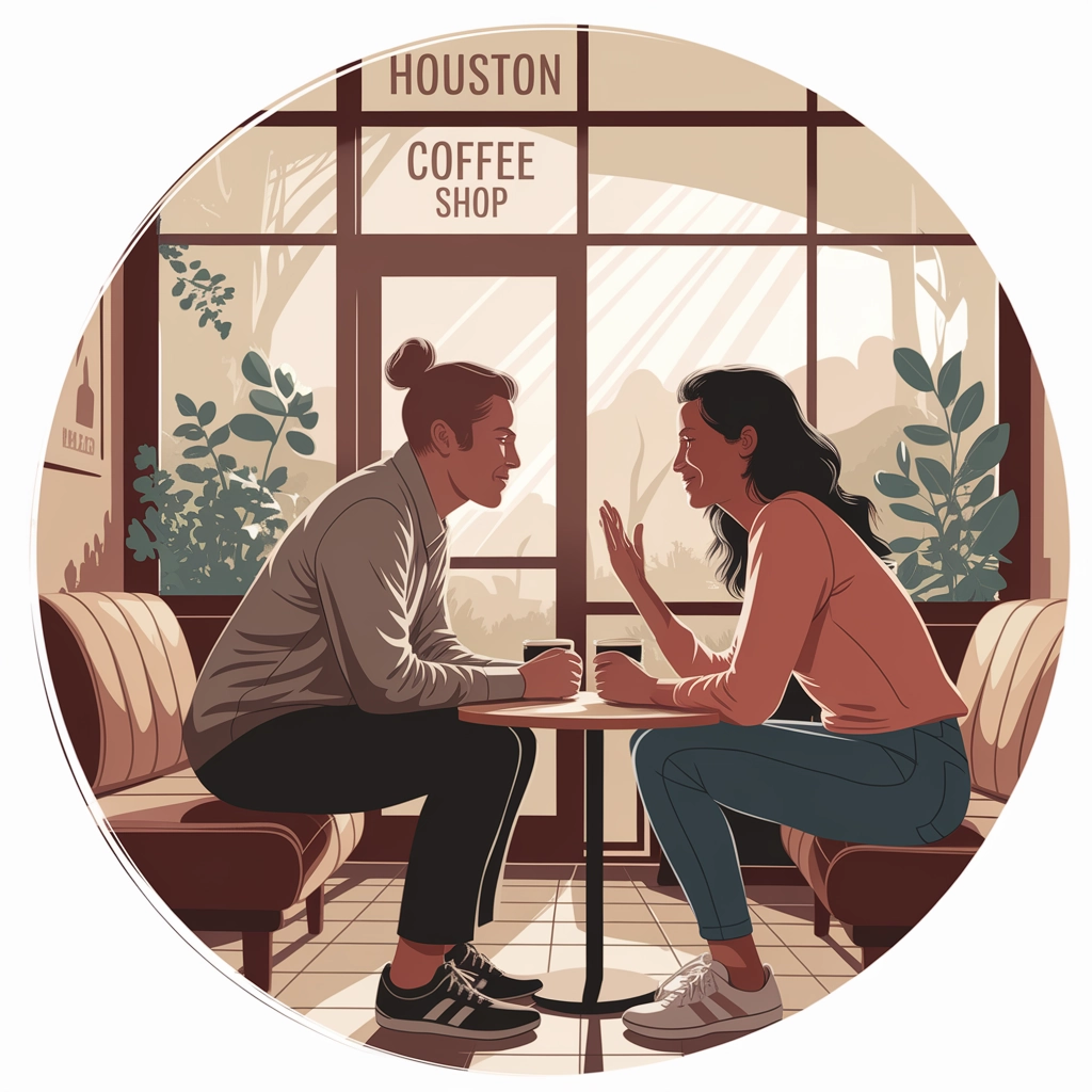 Two individuals engaged in a supportive conversation at a coffee shop in Houston, embodying the role of peer recovery coaches, illustrating shared experiences in addiction recovery.