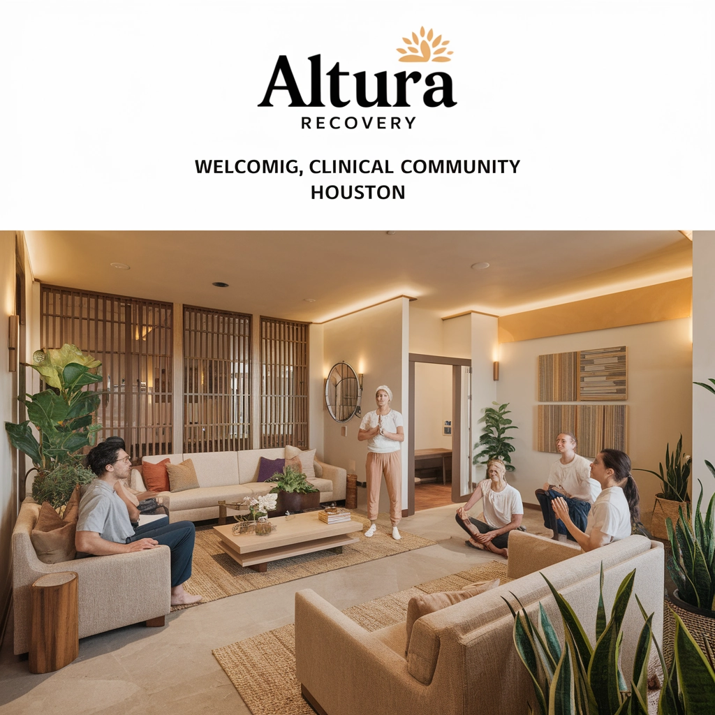 Welcoming community space at Altura Recovery in Houston, featuring individuals engaged in group therapy, emphasizing connection and support in mental health recovery.