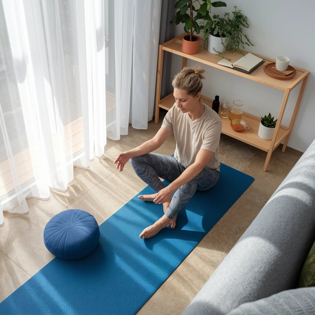 Woman practicing meditation on a blue yoga mat in a bright, serene living space with a potted plant and a wooden shelf, emphasizing wellness activities for mental health and addiction recovery.