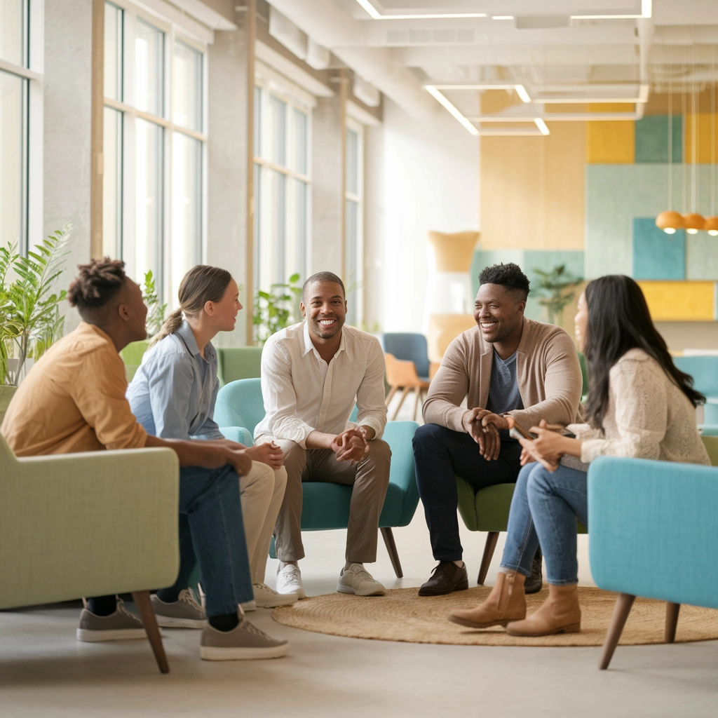 Group therapy session at Altura Recovery in Houston, featuring five individuals engaged in supportive conversation, promoting social connection and early intervention for anxiety treatment.