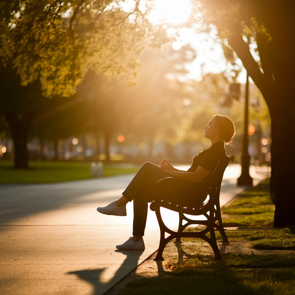Person practicing mindfulness on a park bench during sunset, surrounded by greenery, illustrating the importance of early intervention in managing anxiety.