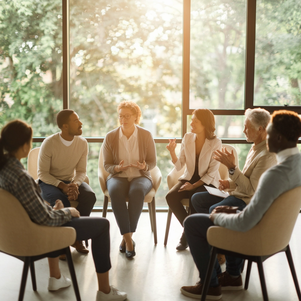Group therapy session in a sunlit room, featuring diverse individuals engaged in discussion, promoting community support for mental health recovery.