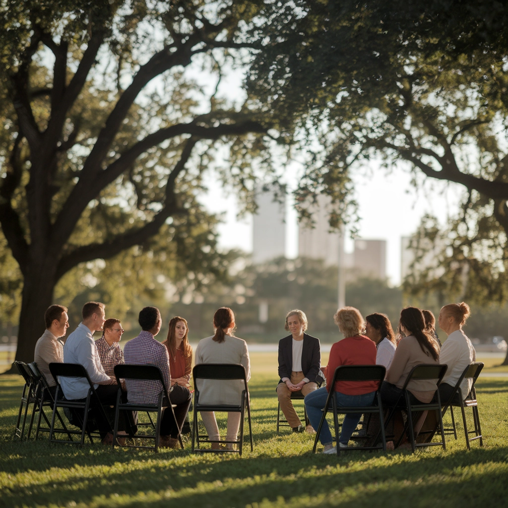 Group of diverse individuals seated in a circle outdoors, engaged in a mental health support discussion, with a facilitator leading the conversation in a park setting, emphasizing community and storytelling for personal resilience.