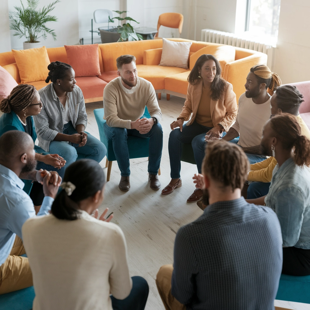 Group therapy session at Altura Recovery, diverse participants engaged in discussion, supportive community environment, focus on recovery and personal growth.