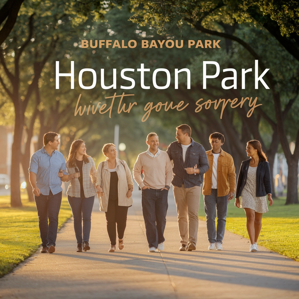 Group of diverse individuals walking together in Houston's Buffalo Bayou Park, symbolizing community and support in addiction recovery.