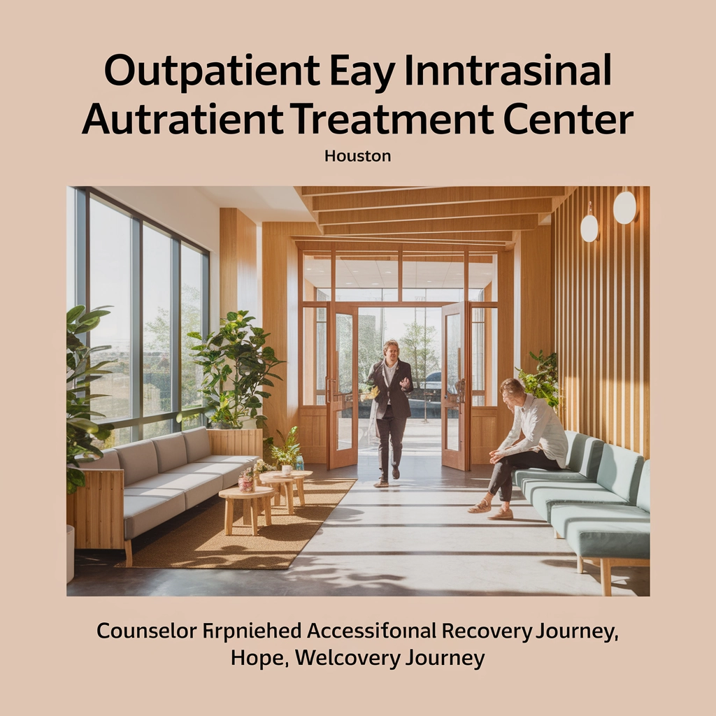 Outpatient treatment center in Houston featuring welcoming interior, counselor interacting with client, emphasizing supportive recovery environment and early intervention for addiction and mental health services.