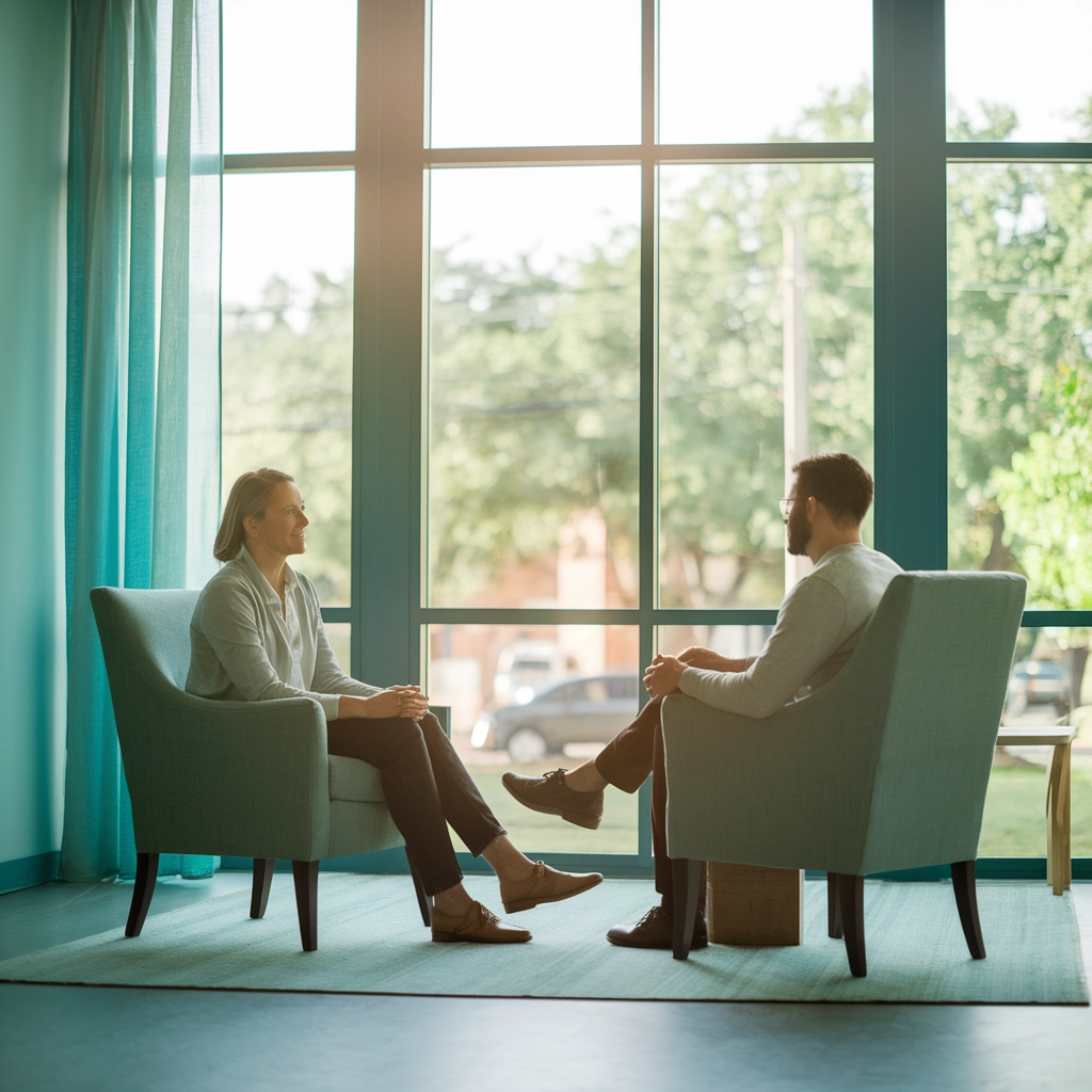 Two individuals engaged in psychotherapy session in a bright, modern outpatient treatment setting at Altura Recovery, emphasizing therapeutic dialogue and mental health support.
