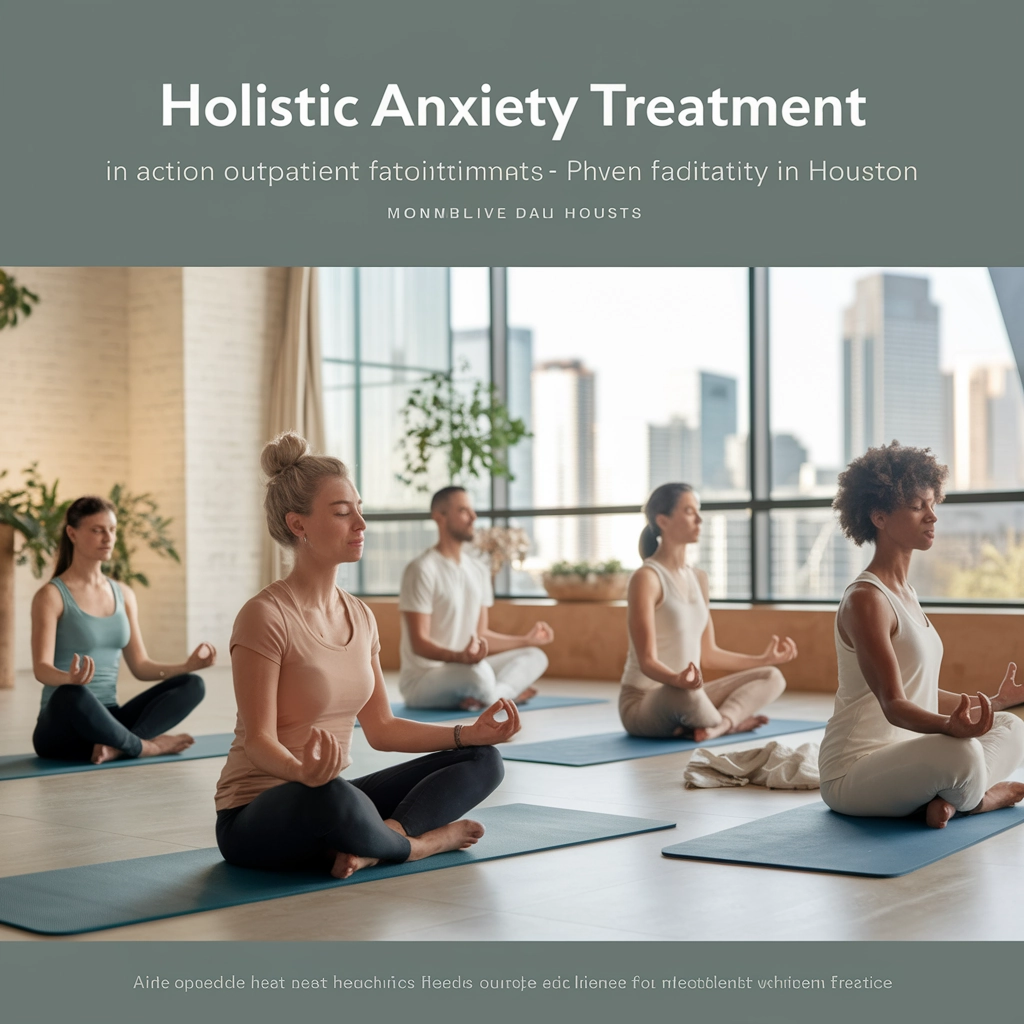 Holistic anxiety treatment session in Houston, featuring individuals practicing meditation on yoga mats, emphasizing mindfulness and community support for anxiety recovery.