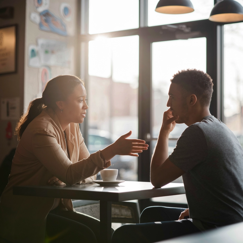 Woman speaking to a man in a coffee shop, discussing early intervention for addiction, with coffee cup on table and sunlight streaming through windows.