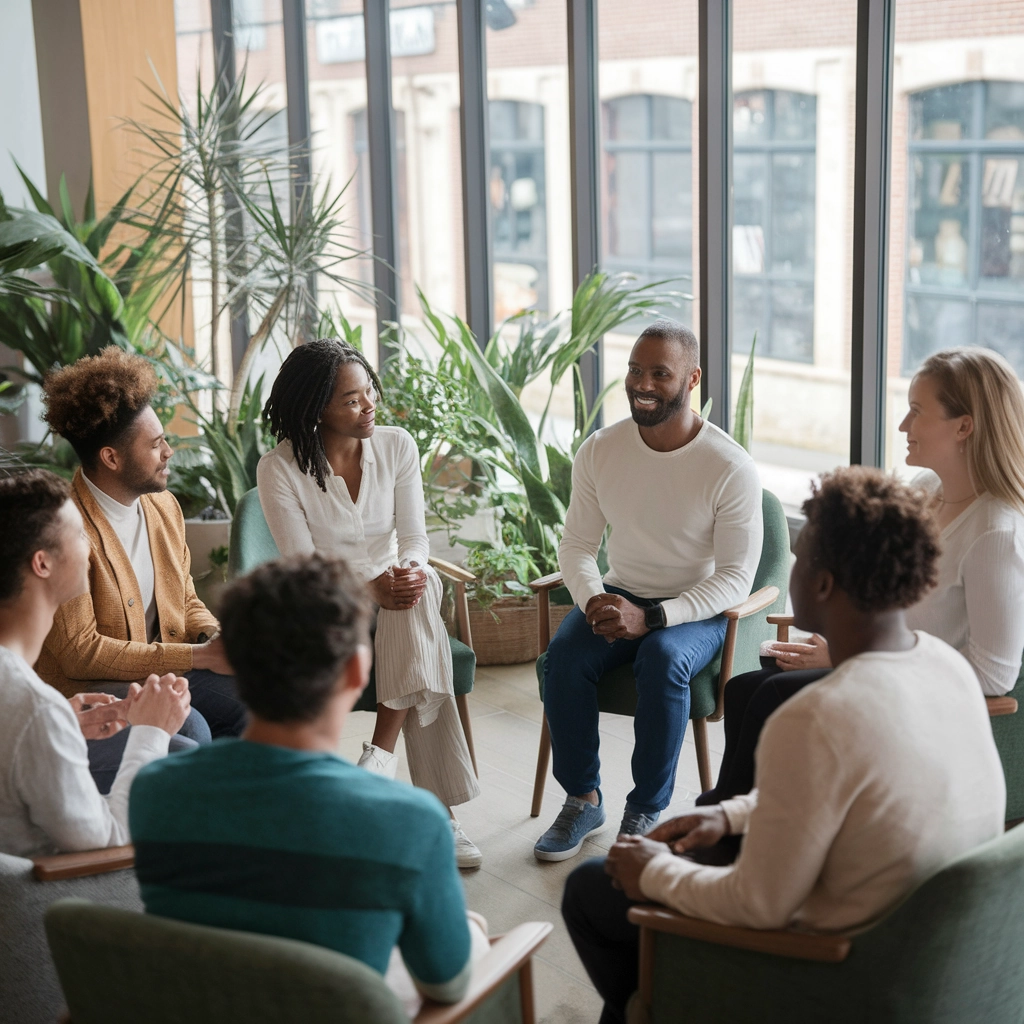 Group therapy session in a bright, plant-filled room, featuring diverse participants engaging in supportive dialogue, emphasizing community and connection in outpatient psychotherapy at Altura Recovery in Houston.