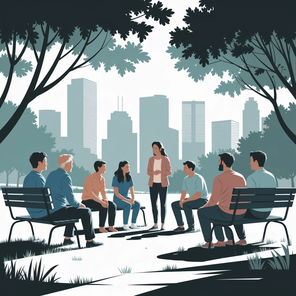Group therapy session in a park, individuals engaged in discussion, supportive community setting, Houston skyline in background, emphasizing connection in outpatient recovery.