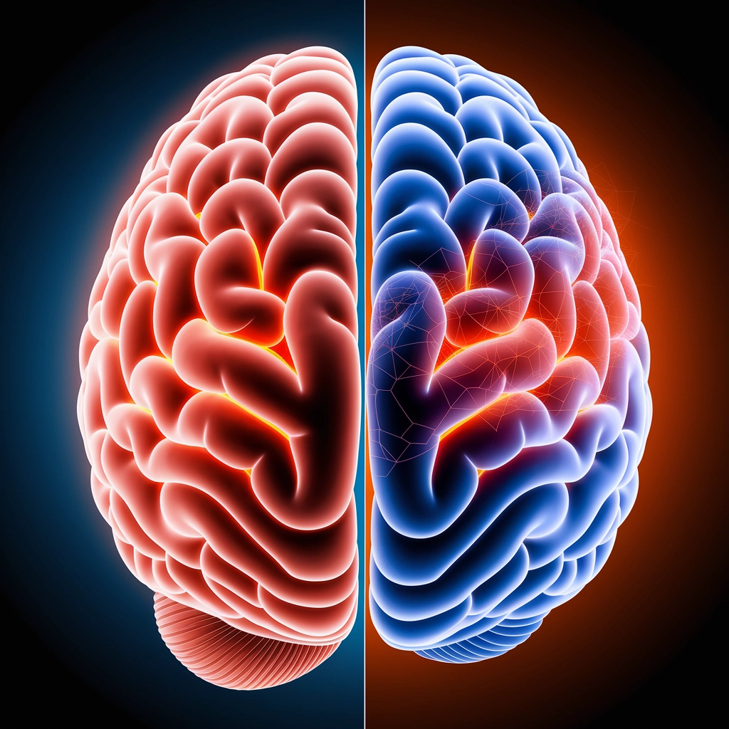 Brain illustration showing contrasting effects of DMT on cognitive development, with one side in warm colors indicating potential trauma and the other in cool colors suggesting altered mental states.
